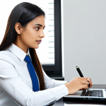 A professional individual, fully clothed in modest business casual attire, seated at a clean, modern home office desk. They are intently reviewing financial data on a laptop screen, with a focused expression. A neatly organized notebook and pen are beside them, symbolizing active budgeting and financial planning. The room is well-lit with natural light. perfect anatomy, correct proportions, natural pose, well-formed hands, proper finger count, safe for work, appropriate content, professional, high quality, realistic, detailed, professional photography.